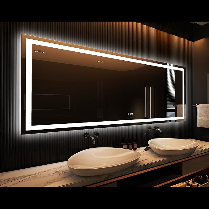 LED Bathroom Mirror, 84"X32" with Front Light and Backlit | Stepless Dimmable, Anti-Fog, Shatter-Proof, HD Reflection, Memory, 3 Colors Lighting, UL Listed.