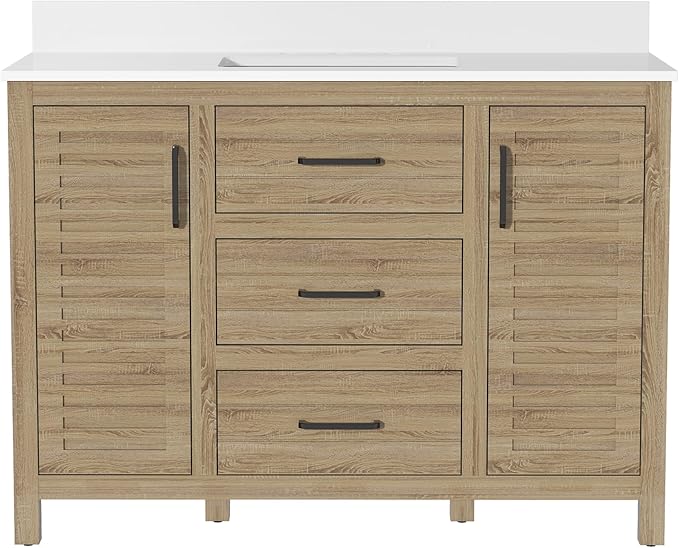 48" Brown Freestanding Bathroom Vanity with Single Sink, Durable Quartz Countertop & Ceramic Basin, Brown Woodgrain Cabinet with Soft-Close Doors & 3 Drawers, Fully Pre-Assembled