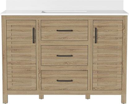 48" Brown Freestanding Bathroom Vanity with Single Sink, Durable Quartz Countertop & Ceramic Basin, Brown Woodgrain Cabinet with Soft-Close Doors & 3 Drawers, Fully Pre-Assembled