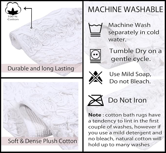 Home Weavers Bell Flower Collection 100% Cotton Tufted Bath Rugs, Extra Soft and Absorbent Bath Rugs, Non-Slip Bath Mats, Machine Washable, Bath Mats for Bathroom Floor, 24"x40" Rectangle, White