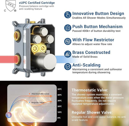 Thermostatic Dual Shower Head System, Brushed Nickel Shower Faucet | 12 Inch Ceiling Rainfall Shower, 6 Inch Wall Mount Head, High Pressure Handheld Sprayer, Push Button Valve