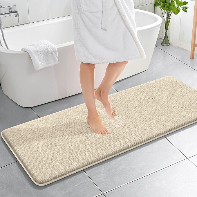 OLANLY Memory Foam Bathroom Runner Rug 59x20, Absorbent Long Bath Mat, Sand | Soft Quick Dry Bath Rugs, Non-Slip Carpet, Machine Washable Mat for Bathroom Floor, Tub and Shower, Home Decor Accessories