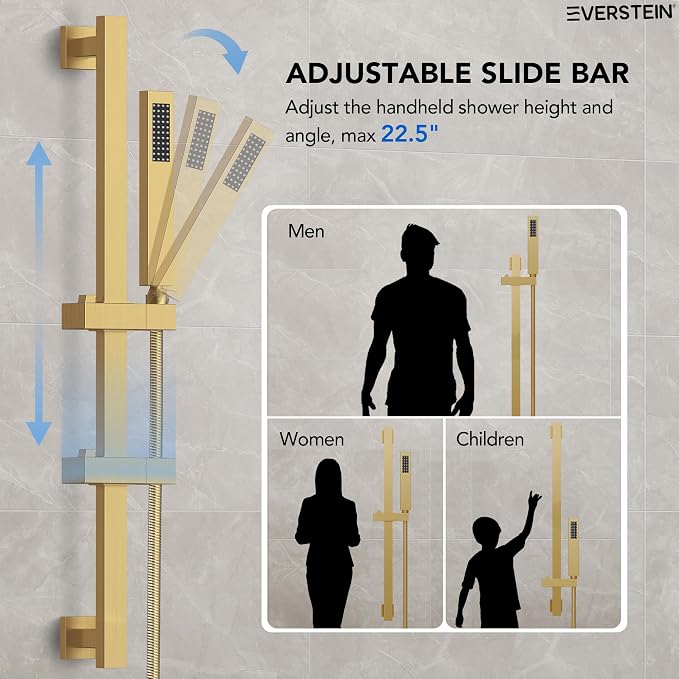 10" High-Pressure Rainfall Shower Faucet with Handheld Spray, Wall Mount Dual Shower Head System with Slide Bar (Brushed Gold)