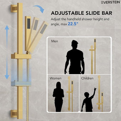 10" High-Pressure Rainfall Shower Faucet with Handheld Spray, Wall Mount Dual Shower Head System with Slide Bar (Brushed Gold)