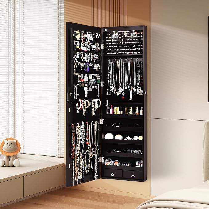 LDAILY Jewelry Armoire Wall or Door Mounted, Full-Length Mirror with Storage, Lockable Mirror Jewelry Cabinet w/ 2 Drawers, LED Lights, Over the Door Jewelry Organizer Box for Women Girls