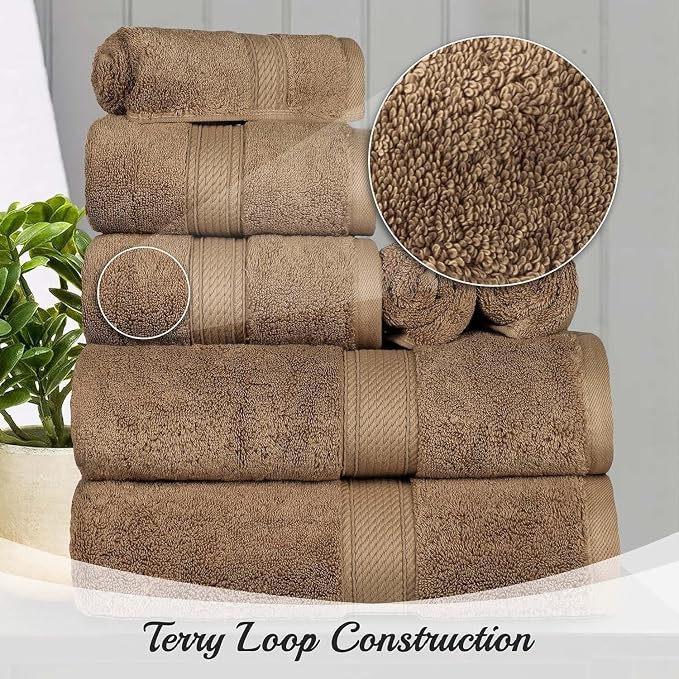 Superior Egyptian Cotton 800 GSM Plush & Absorbent, 9 Piece Set, Latte | Quick Dry, Soft Luxury Towel Set, Bath Essentials, Guest Bath, Spa, 3 Bath, 3 Hand, 3 Face Towel, Madeline Towels