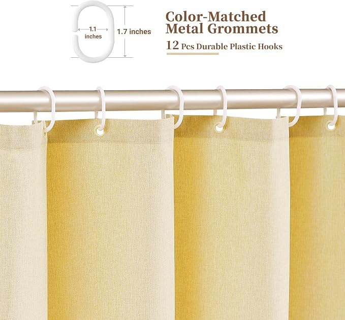 BTTN Extra Long Shower Curtain, 72x90 Boho Scalloped Linen Textured Thick Fabric Shower Curtain Set with 12 Hooks, Tall Modern Farmhouse Rustic Waterproof Cloth Shower Curtains for Bathroom, Yellow