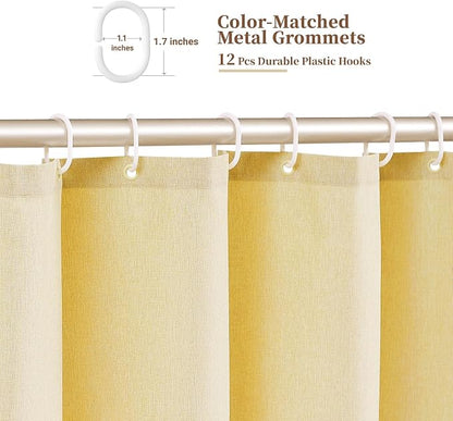 BTTN 72x78 Boho Scalloped Linen Textured Cloth Shower Curtain Set, Yellow | Long Size, 230GSM Waterproof Polyester, Heavy Duty Fabric, 12 Plastic Hooks, Elegant Modern Farmhouse Style, Machine Washable