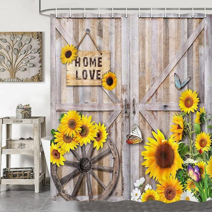 Rustic Spring Summer Sunflowers Butterfly Shower Curtain for Bathroom, Wooden Board Western Barn Door Farmhouse Bath Curtain, Fabric Vintage Daisy Floral Botanical Decor Curtain with Hooks 70X70IN