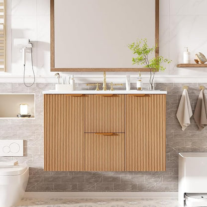 36 Inch Bathroom Vanity with Sink, Modern Fluted Single Ceramic Vanity | Soft-close, Bath Room Cabinet with Divided Drawers, Wall-Mounted Modern Storage Vanity for Small Space, Hotels, Office
