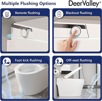DeerValley Smart Toilet, One Piece Tankless Toilet with Built-in Bidet, 1.28GPF Auto Flush, Foot Kick, Warm Water, Heated Seat, Remote Control, 10" Rough-In Options