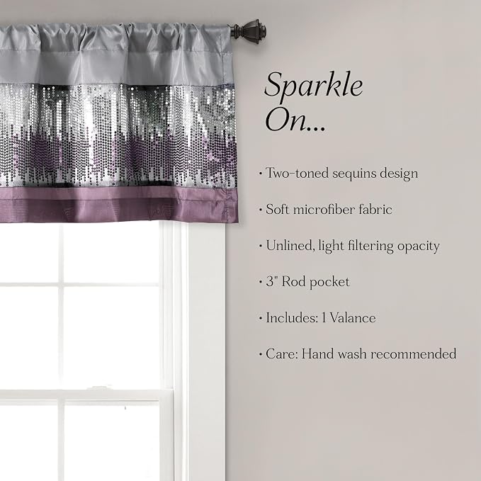 Lush Decor Night Sky Sequins Valance Curtain Single, 52"W x 18"L Purple & Gray - Kitchen Curtains Valances For Windows - Bathroom Curtains Window