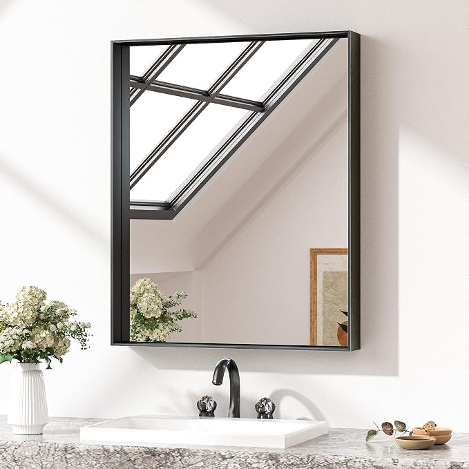 Keonjinn 24x30 Inch Matte Black Bathroom Mirror for Over Sink, Rectangular | HD Tempered Glass, Vanity Mirror, Brushed Framed, Square Corner, Modern Farmhouse, Wall Mounted Mirrors, Aluminum Alloy