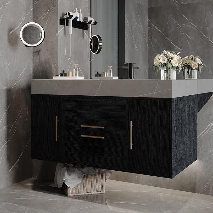 40 inch Modern Floating Bathroom Vanity with Sink, Wall Mounted Bathroom Cabinet with Ceramic Sink, Grey Sintered Stone Countertop, 2 Soft Closing Drawers & 2 Storage Cabinet, Gold Handle, Black