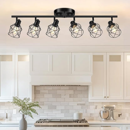 6-Lights Black Semi Flush Mount Ceiling Light, Multi-Directional Ceiling Light Fixtures, Rotatable Kitchen Track Lighting Fixtures with Wire Cages for Living Room, Dining Table, Foyer