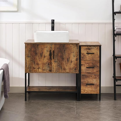 UEV 42" Rustic Brown Bathroom Vanity with Sink Combo,Industrial Iron Frame Bathroom Cabinet Sets with 3 Drawers Side Cabinet,Modern Artistic Ceramic Vessel Sink(031WH)