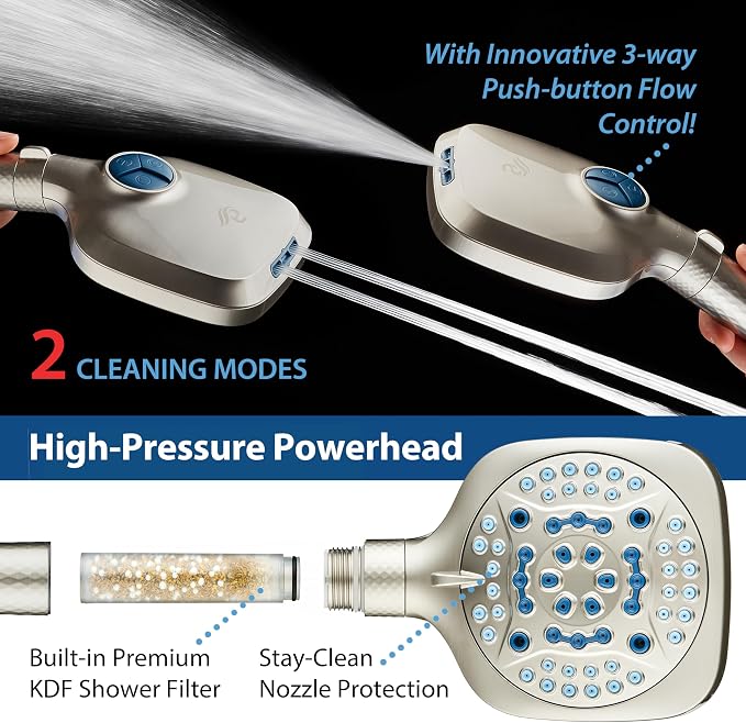 AquaCare 4X 10-Mode High Pressure Hand Shower w/Filter & 2-mode Power Wash | Filters Chlorine & Toxins, Softens Hard Water for Healthy Skin & Hair. Handheld Power Head Cleans Tub, Tile & Pets / Nickel