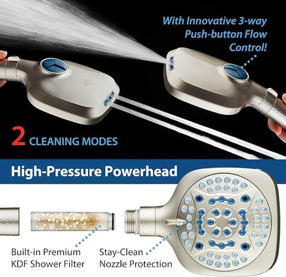 AquaCare 4X 10-Mode High Pressure Hand Shower w/Filter & 2-mode Power Wash | Filters Chlorine & Toxins, Softens Hard Water for Healthy Skin & Hair. Handheld Power Head Cleans Tub, Tile & Pets / Nickel
