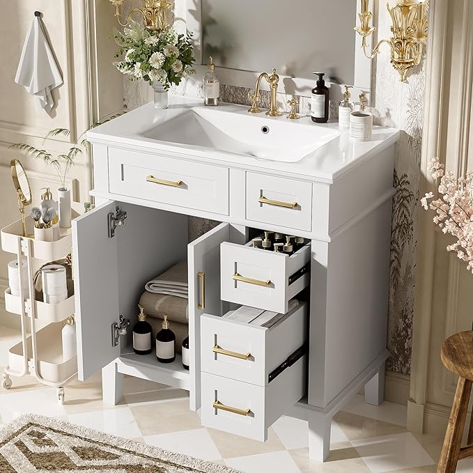 Favfurish 30" Bathroom Vanity with Ceramic Sink, Modern Storage Cabinet with Soft-Close Doors,Deep Drawer & Standard Drawer, Stylish Bath Vanity for Small Bathroom,Easy Assembly,White