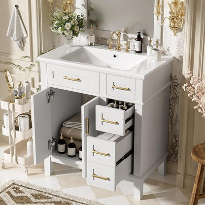 Favfurish 30" Bathroom Vanity with Ceramic Sink, Modern Storage Cabinet with Soft-Close Doors,Deep Drawer & Standard Drawer, Stylish Bath Vanity for Small Bathroom,Easy Assembly,White