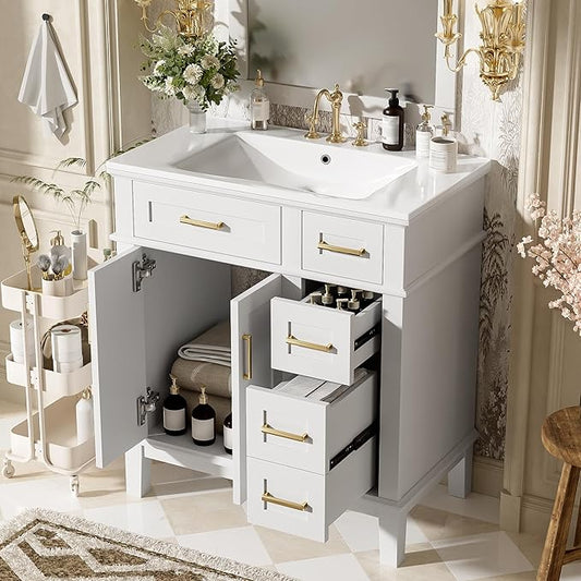 Favfurish 30" Bathroom Vanity with Ceramic Sink, Modern Storage Cabinet with Soft-Close Doors,Deep Drawer & Standard Drawer, Stylish Bath Vanity for Small Bathroom,Easy Assembly,White