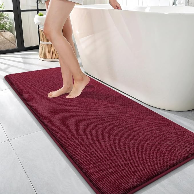 OLANLY Memory Foam Bathroom Runner Rugs 47x17, Absorbent Long Mat, Burgundy | Soft Quick Dry Bath Rugs, Non-Slip Carpet, Machine Washable Mat for Bathroom Floor, Tub and Shower, Home Decor Accessories