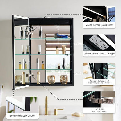 WELLFOR 20" X 30" LED Mirrored Medicine Cabinet, Medicine Cabinets with Lights for Bathroom, Defogging Function Mirror Cabinet, Bathroom Medicine Cabinet with USB Port & Outlet, Left Opening Doors