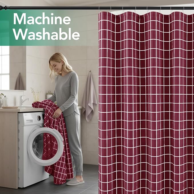 Fabric Farmhouse Shower Curtain-Cloth Extra Long Shower Curtains Bathroom | 72"Wx84"L Faux Linen Burgundy Grid Minimalist Simple Rustic Neutral Shower Curtain-Geometric Plaid Washable Hotel Quality