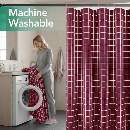 Fabric Farmhouse Shower Curtain-Cloth Extra Long Shower Curtains Bathroom | 72"Wx84"L Faux Linen Burgundy Grid Minimalist Simple Rustic Neutral Shower Curtain-Geometric Plaid Washable Hotel Quality