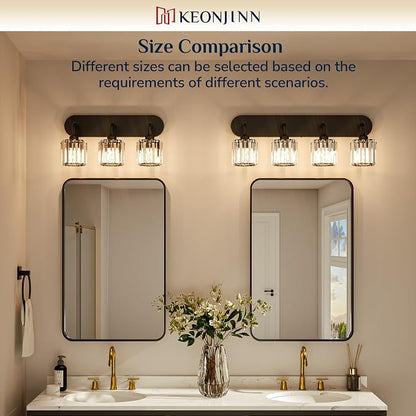 Keonjinn 3-Light Bathroom Light Fixtures Over Mirror, Crystal Black | Vanity Lighting Fixture with Crystal Square Shades, Dimmable, Modern Style, Compatible with E26 Base LED Bulbs (Exclude Bulb)