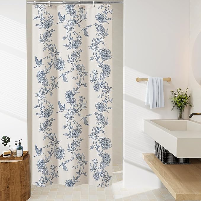MitoVilla Small Stall Shower Curtain Set 36 x 72, Narrow Half Cotton Floral Hummingbird Cottagecore Spring Shower Curtains for Bathroom, Modern Country Bathroom Décor