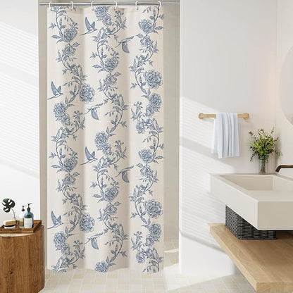 MitoVilla Small Stall Shower Curtain Set 36 x 72, Narrow Half Cotton Floral Hummingbird Cottagecore Spring Shower Curtains for Bathroom, Modern Country Bathroom Décor