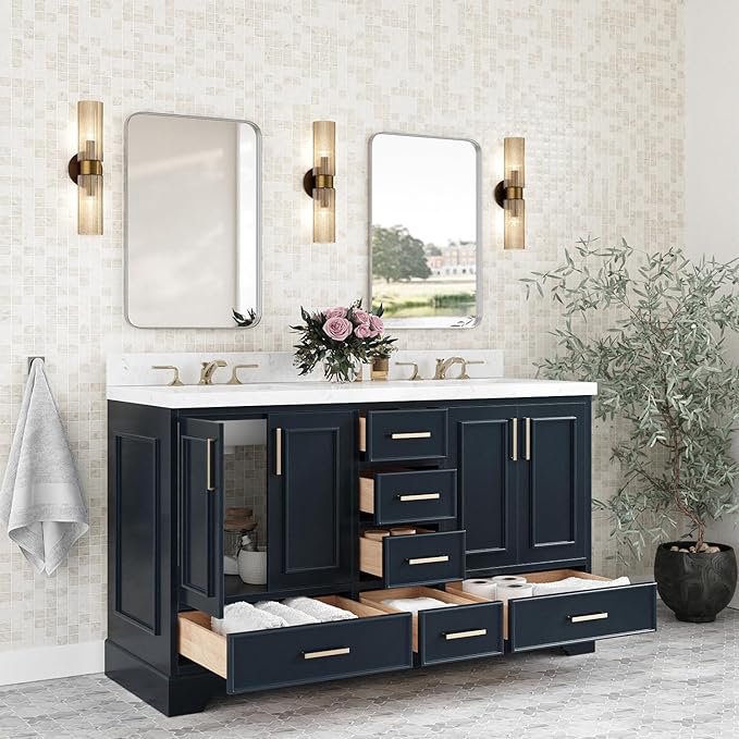 ARIEL Stafford 60-inch Bathroom Vanity with Sink,Solid Wood, 1.5-inch Carrara White Quartz Countertop, Double Rectangular Porcelain Sink, 4 Soft Closing Doors, 6 Dovetail Drawers, Midnight Blue