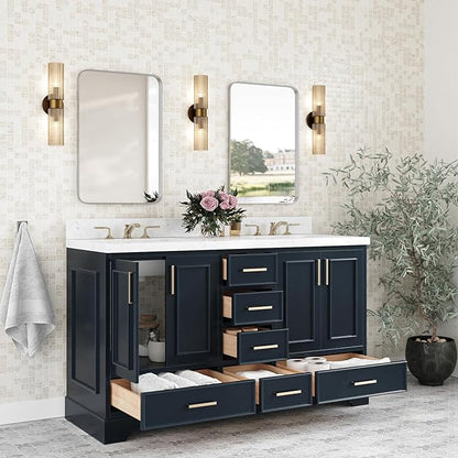 ARIEL Stafford 60-inch Bathroom Vanity with Sink,Solid Wood, 1.5-inch Carrara White Quartz Countertop, Double Rectangular Porcelain Sink, 4 Soft Closing Doors, 6 Dovetail Drawers, Midnight Blue