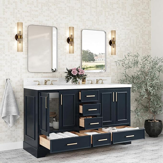 ARIEL Stafford 60-inch Bathroom Vanity with Sink,Solid Wood, 1.5-inch Carrara White Quartz Countertop, Double Rectangular Porcelain Sink, 4 Soft Closing Doors, 6 Dovetail Drawers, Midnight Blue