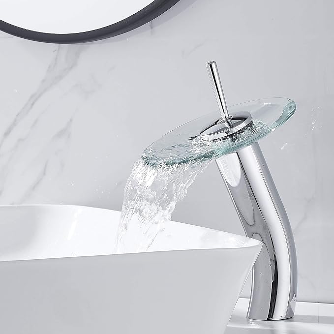 Waterfall Bathroom Faucet Glass Single Handle Solid Brass Basin Lavatory Vessel Sink Vanity Faucet, Tall, Polished Chrome …