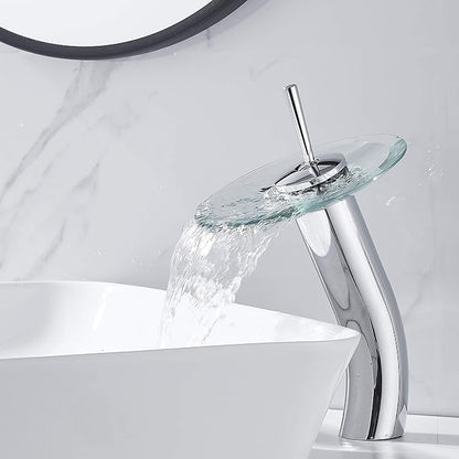 Waterfall Bathroom Faucet Glass Single Handle Solid Brass Basin Lavatory Vessel Sink Vanity Faucet, Tall, Polished Chrome …
