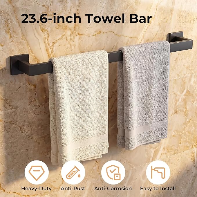 5-Piece Bathroom Hardware Set, 23.6 Inch Towel Bar Set SUS304 Stainless Steel Towel Racks for Bathroom Round Towel Bar, Towel Ring, Toilet Paper Holder, 2 Robe Hooks, Wall Mounted (Black)
