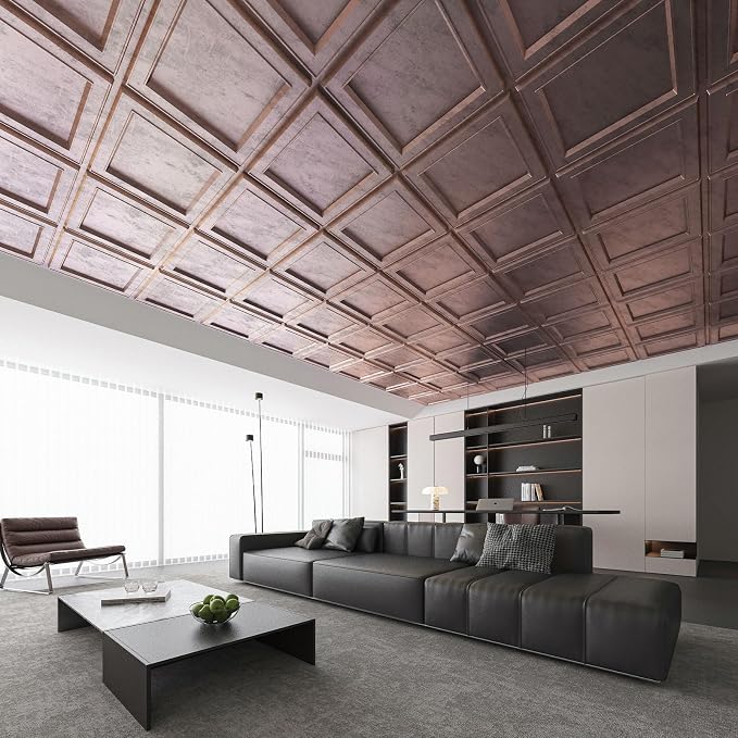 WOWSTAR 12-Pack 24"x24" Drop Ceiling Tiles, Waterproof Glue up Ceiling Panels, Modern Style 3D Wall Panels, Antique Copper | PVC ceiling panels, 24"x24", waterproof, glue-up install, basement kitchen bathroom, 12-pack, set C