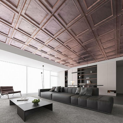 WOWSTAR 12-Pack 24"x24" Drop Ceiling Tiles, Waterproof Glue up Ceiling Panels, Modern Style 3D Wall Panels, Antique Copper | PVC ceiling panels, 24"x24", waterproof, glue-up install, basement kitchen bathroom, 12-pack, set C