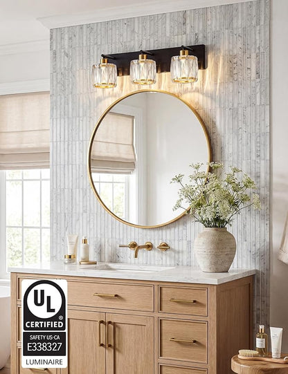 VOLISUN Crystal Vanity Lights for Bathrooms, 3 Light Bathroom Vanity Light, Black and Gold Bathroom Light Over Mirror, Modern Bathrooms Lights Fixtures-UL Certificated(Exclude Bulb)