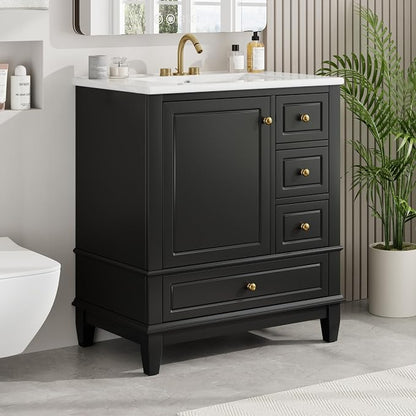 30" Vanity with Sink, Bathroom Vanities 30 Inch with Sink, Single Sink Bathroom Vanity with Door Shelf and Three Drawers, Restroom Vanity with Sink Top (Black)