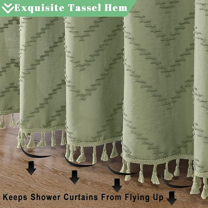 Extra Long Light Green Boho Shower Curtain, Chic Tufted Chevron Striped Textured Fabric Cloth Shower Curtains with Tassel for Bathroom, Soft Hotel Style Farmhouse, Machine Washable, 72x84