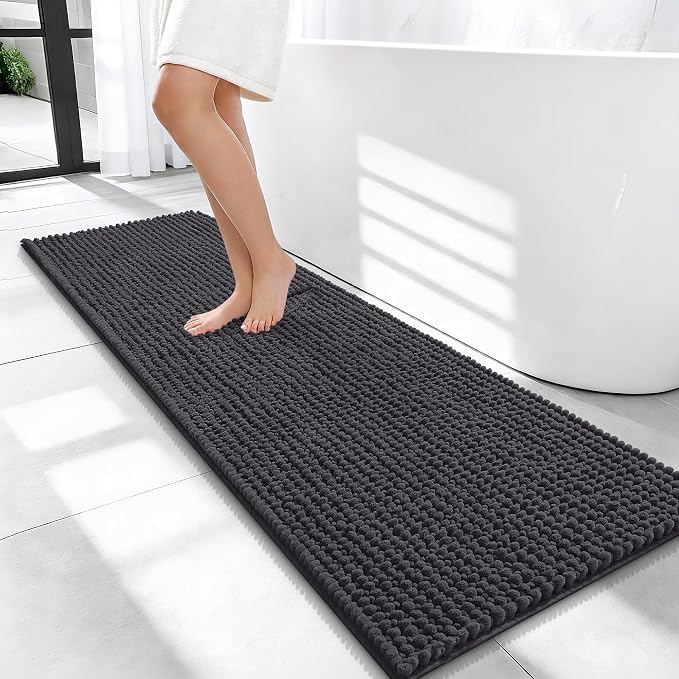 OLANLY Thick Chenille Bathroom Runner Rugs Mats 47x17, Dark Grey | Soft Absorbent Bath Rugs, Rubber Backing, Machine Wash Dry, Bath Mats for Bathroom, Tub and Shower, Home Decor Accessories