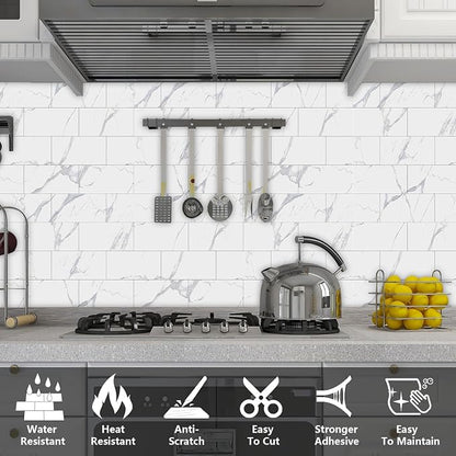 URCOLOR 64-Piece Peel and Stick Backsplash Wall Tile, 4"x 8" PVC Glossy White Marble Stick on Subway Tiles for Kitchen, Bathroom, Laundry Room, Camper, Fireplace