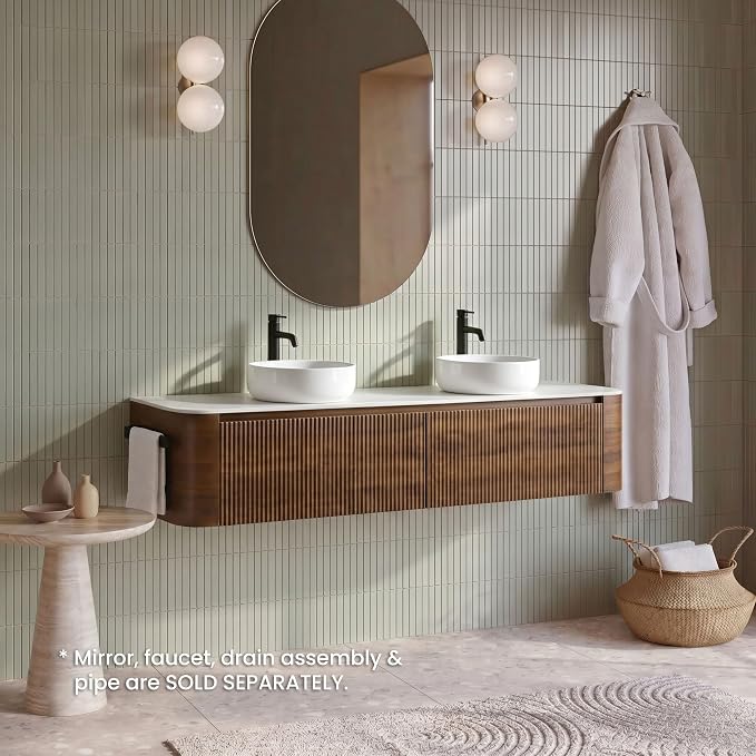 72" Preassembled Double Floating Bathroom Vanity with Round Sink, Walnut | Mid-Century Modern Style, Fluted & Soft-Close Drawer with U-shaped Wall, Sinterted Stone Countertop, Towel Rack Included