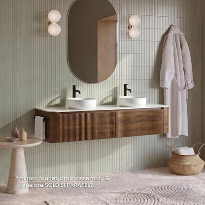 72" Preassembled Double Floating Bathroom Vanity with Round Sink, Walnut | Mid-Century Modern Style, Fluted & Soft-Close Drawer with U-shaped Wall, Sinterted Stone Countertop, Towel Rack Included