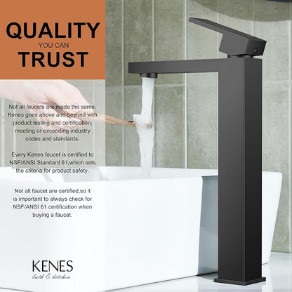Matte Black Vessel Sink Facuet Single Hole, Tall Bathroom Sink Faucet | Vessel Bowl Faucet with Pop Up Drain & Supply Lines, Lead-Free cUPC & NSF Certified, 1 Hole Faucet for Vanity RV Restroom