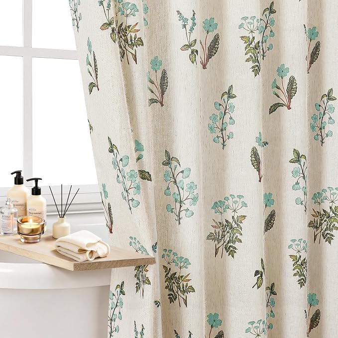 Colorful Star Farmhouse Floral Linen Shower Curtain, Vintage Boho Shower Curtain for Bathroom, French Country Pattern Waterproof Bathroom Curtains, 72" W x 72" L