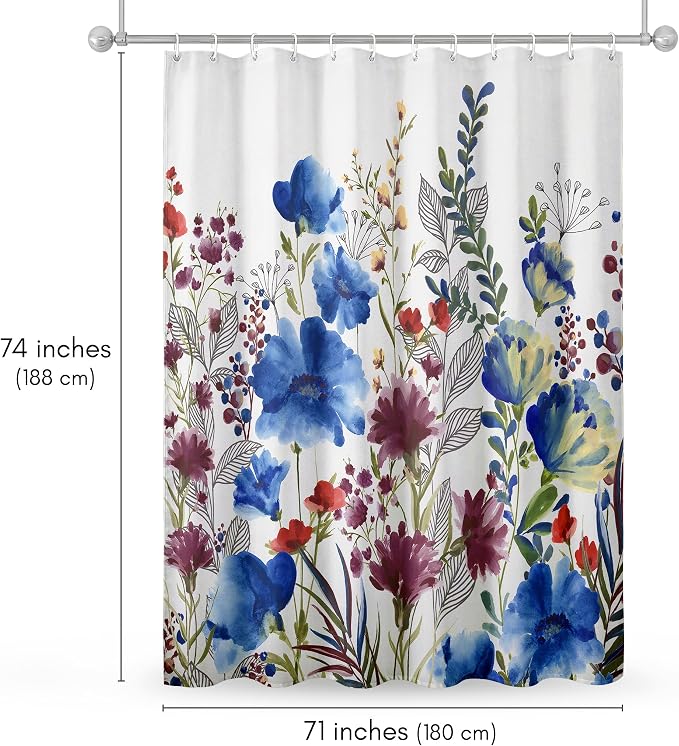 Americanflat 71x74 Floral Shower Curtain - Water-Resistant Long Shower Curtain with Metal Grommets and 12 Hooks - 100% Polyester - Botanical Bathroom Curtains - Blue, Purple, Crimson, Green and White